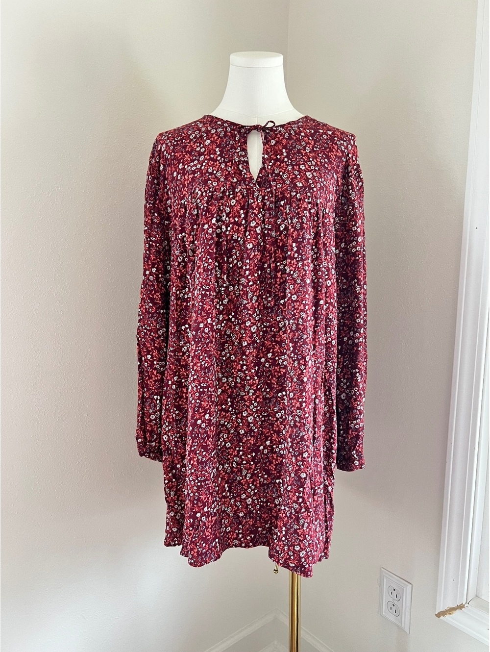 Reformation Floral Mini Dress Burgundy Long Sleeve